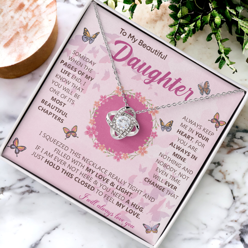 Sparklezza Pendant Necklace (Love Knot) - 14K White Gold - Pink Butterfly theme - Gifts for Daughter