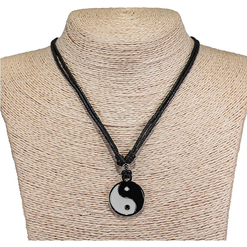 Yin Yang Pendant on Adjustable Black Leather Rope Cord Necklace