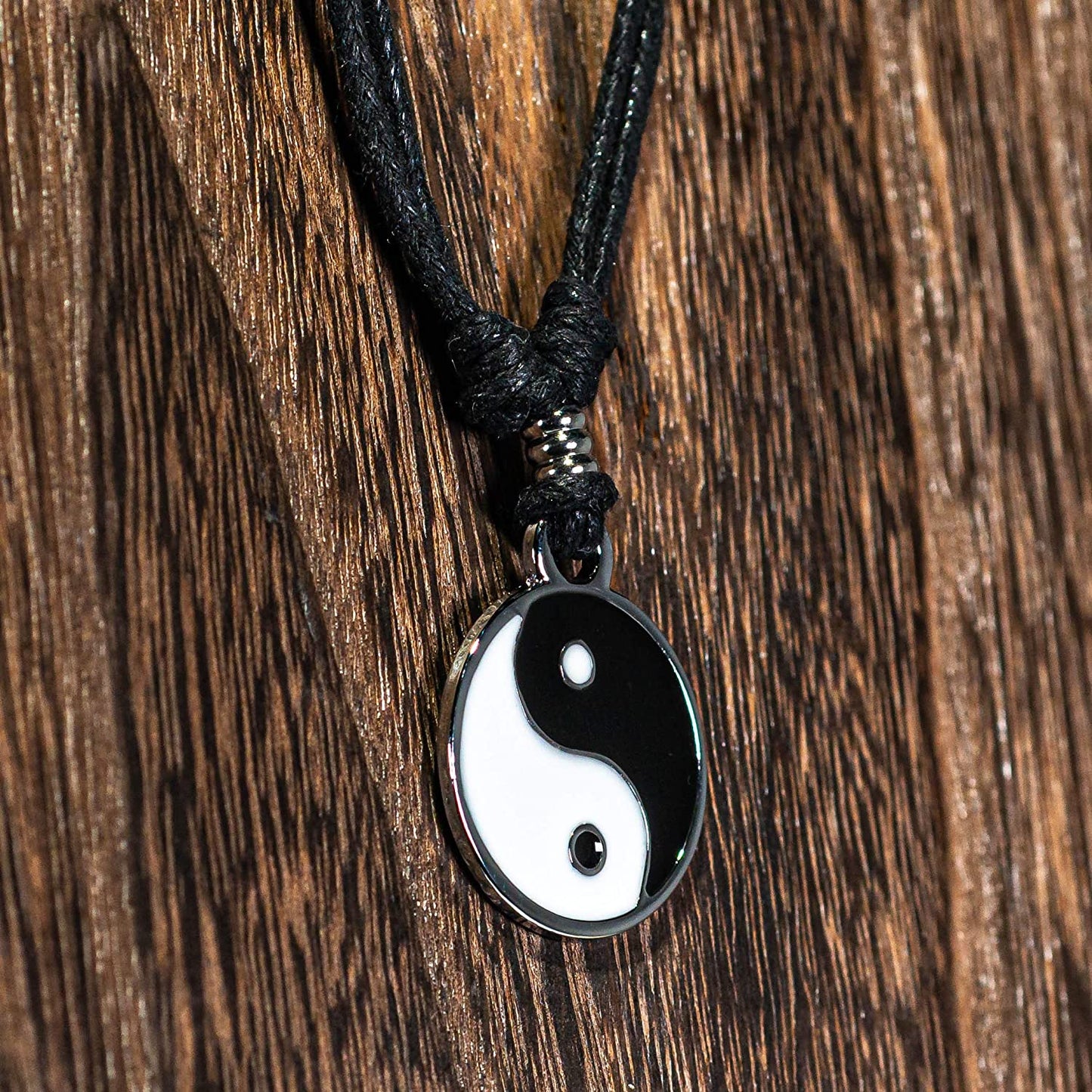 Yin Yang Pendant on Adjustable Black Leather Rope Cord Necklace