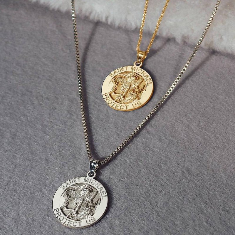 Fashion  Archangel St.Michael Protects Charm Pendant Necklace Round Angel St. Michael Protect Us Necklace Men Women Gift