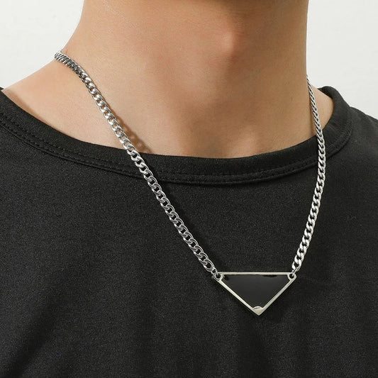 Vintage Punk Black Triangle Letter Pendant Necklace for Women Men Fashion Stainless Steel Geometry Chain Chokers Hip Hop Jewelry