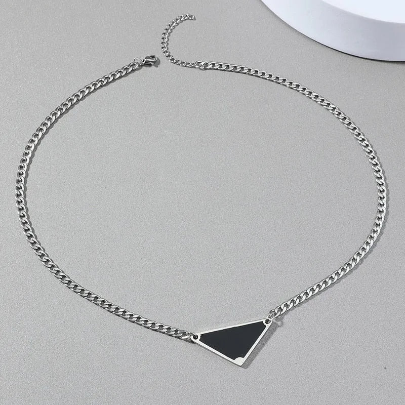 Vintage Punk Black Triangle Letter Pendant Necklace for Women Men Fashion Stainless Steel Geometry Chain Chokers Hip Hop Jewelry