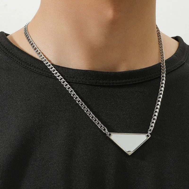 Vintage Punk Black Triangle Letter Pendant Necklace for Women Men Fashion Stainless Steel Geometry Chain Chokers Hip Hop Jewelry